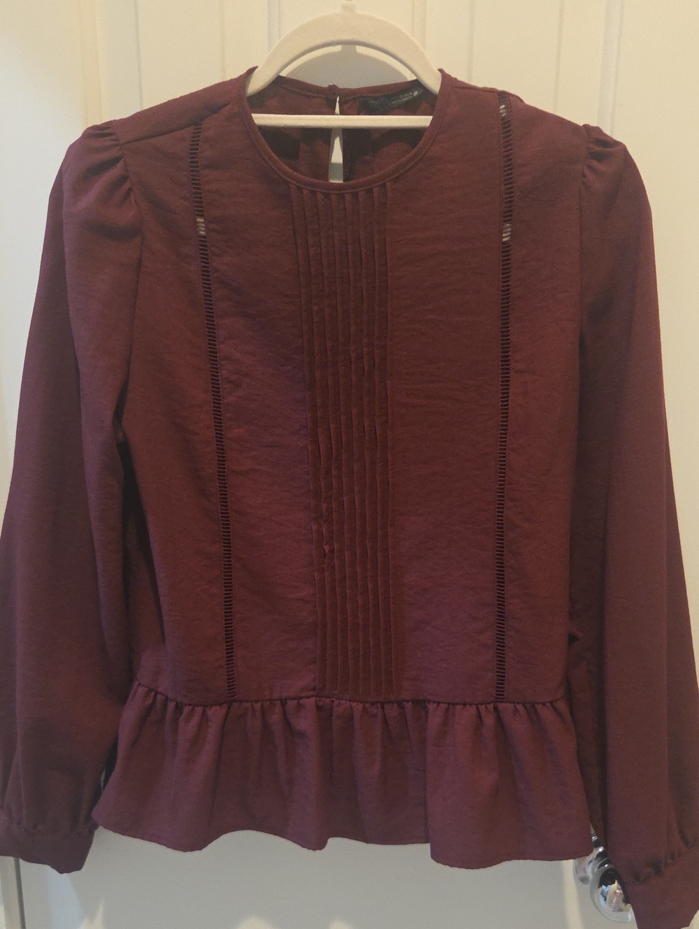 Zara Burgundy Pintuck Peplum Long-Sleeve Blouse